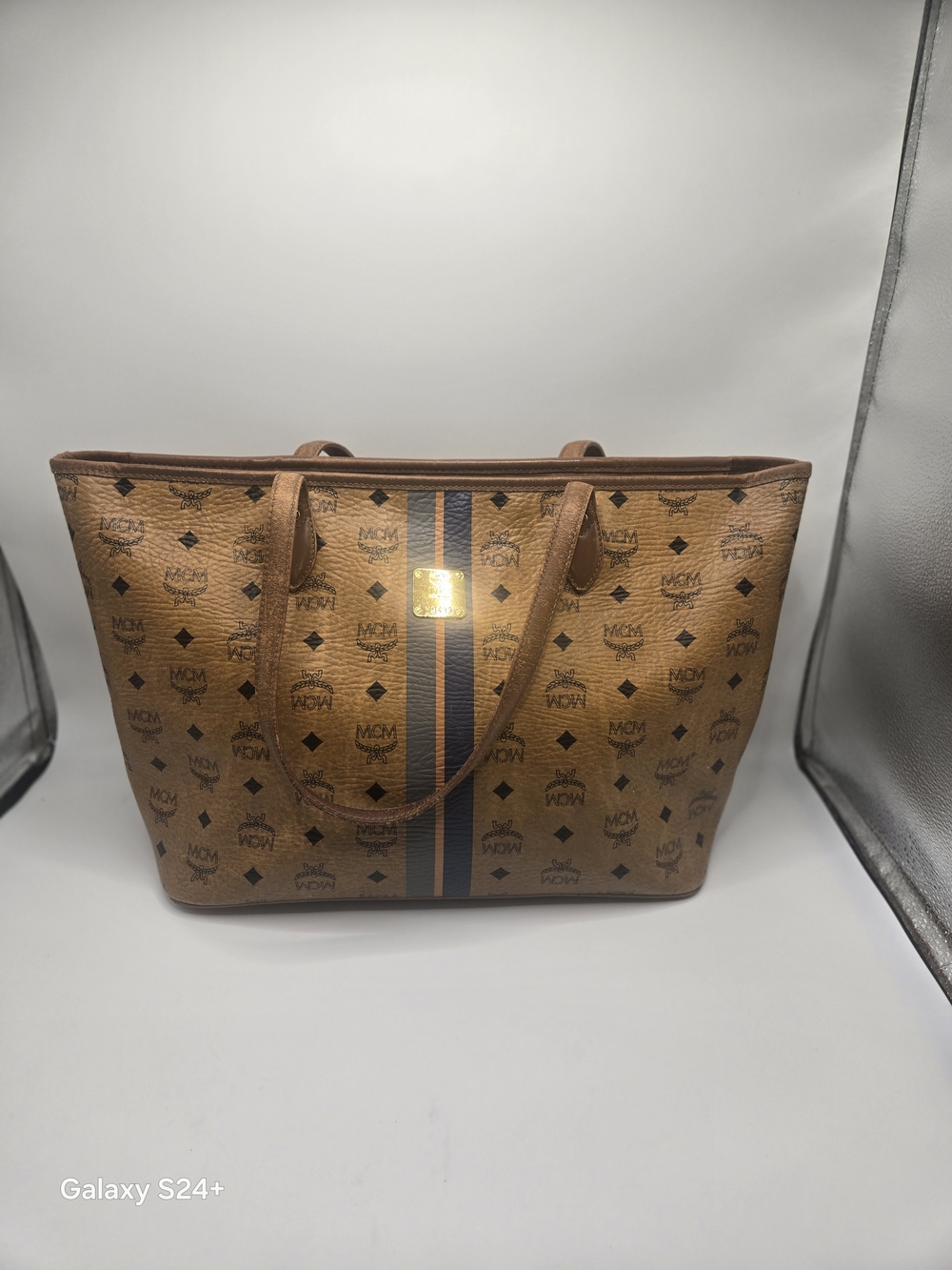 MCM Cognac Visetos Striped Shopper Tote Bag